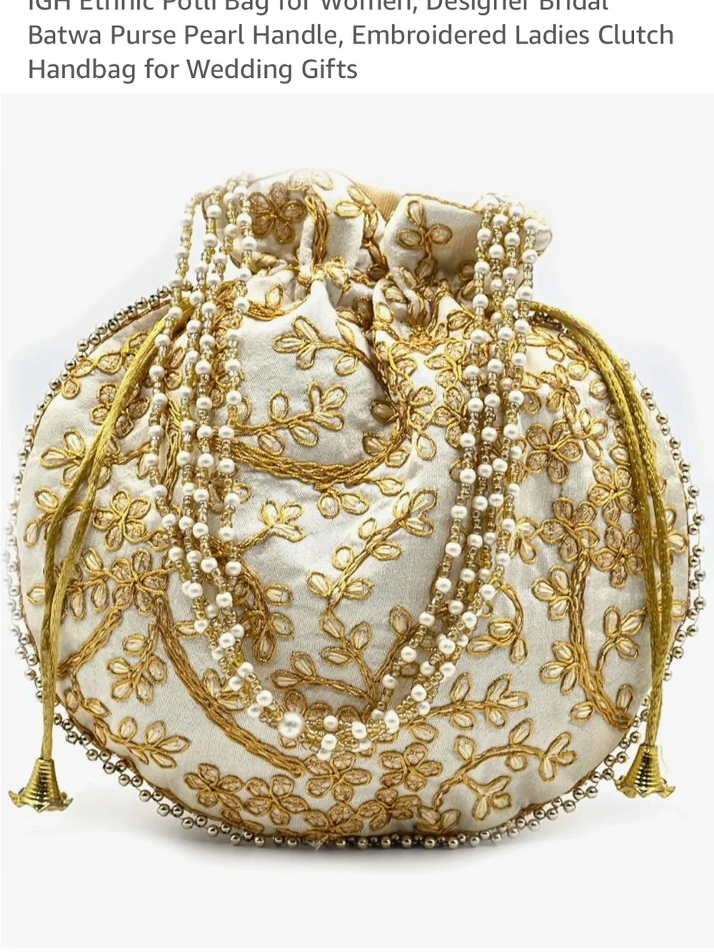 Embroidered Ivory and Gold Beaded Potli Bag